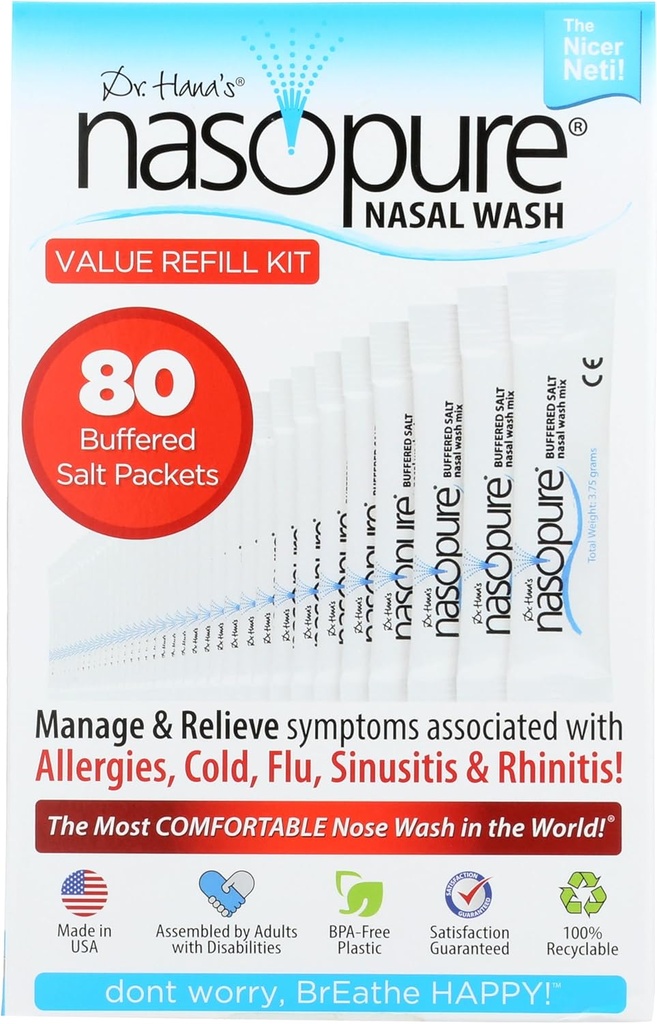 Nasopure Nasal Wash, Value Refill Kit, “The Nicer Neti Pot” Sinus Wash Kit, 편안한 Nasal Rinse 80 소금 패킷 (3.75 그램 각각), Nasal Congestion, Cold, Flu, Allergy, Nasal 관개 시스템