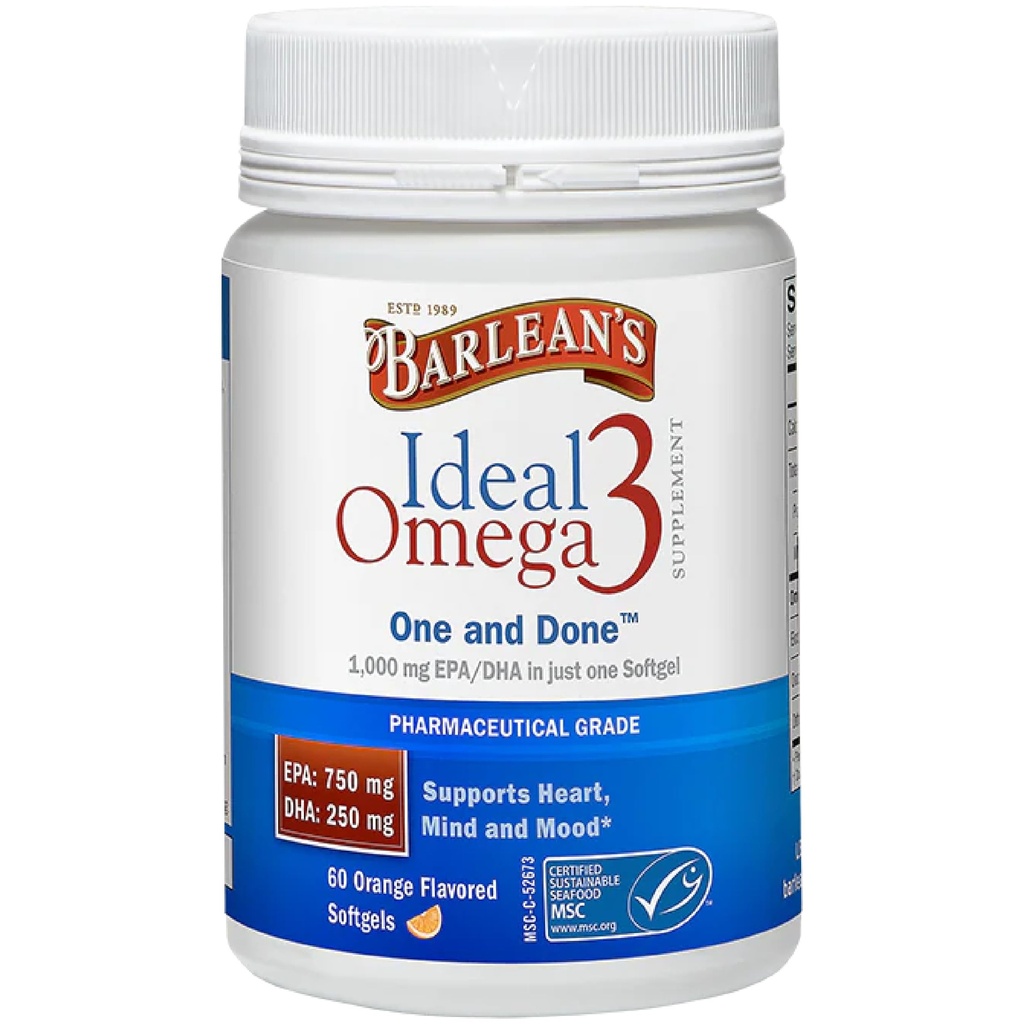 Barlean의 이상적인 오메가 3 물고기 기름 보충교재, 1,000 mg Softgels, 뇌, 합동, & 심장 건강, 오렌지 풍미, 60 ct를 위한 약제 급료 EPA & DHA