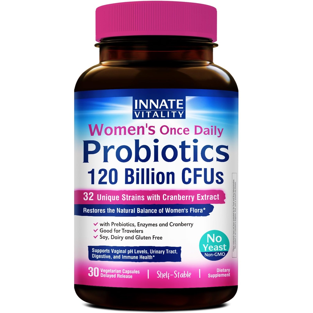 Innate Vitality Women's Probiotics, 120 Billion CFU, 32 테스트 된 Strains, 여성, 효모 제어, 질 pH 지원, Prebiotics, 소화 효소, 크랜베리, 한 번 매일 30 Veggie 캡슐