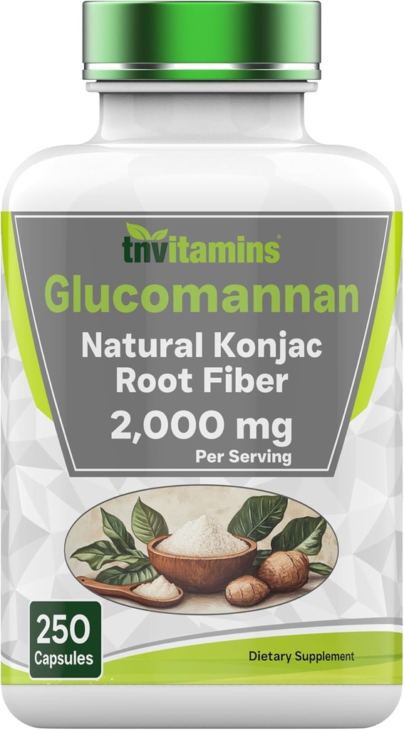tnvitamins Glucomannan 캡슐 2000 MG - 250 개 | 천연 Konjac 뿌리 섬유 추출 분말 보충 | 수용성, 다이어트, 및 소화 섬유 알약 | 미국에서 생산 | Non-GMO & 글루텐 무료