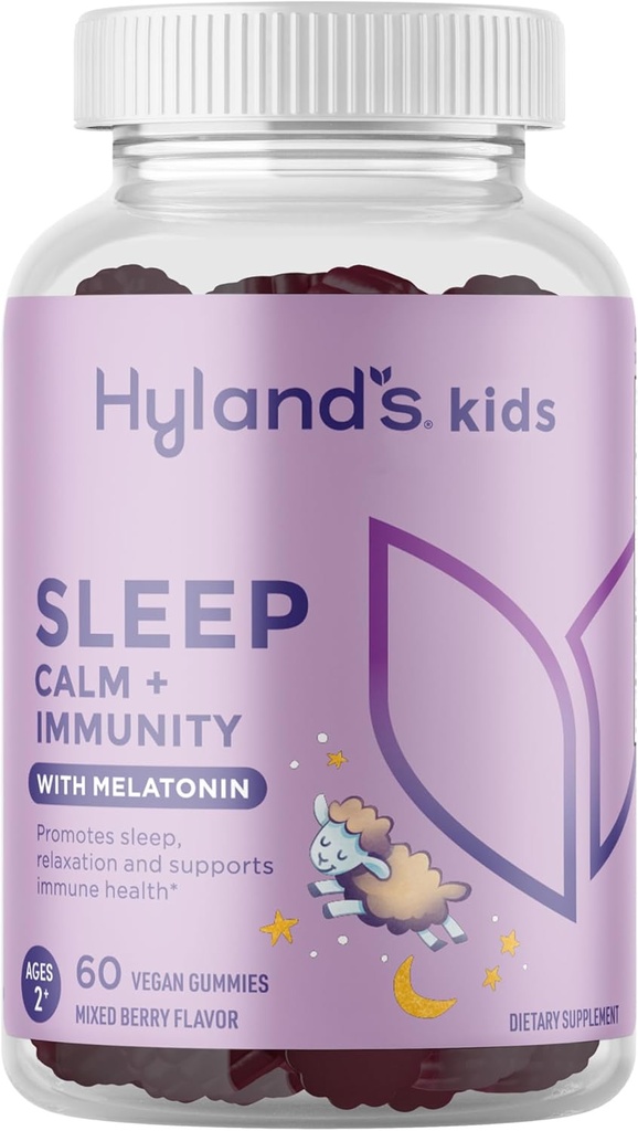 Hyland의 Kids Sleep Calm & Immunity는 Melatonin, 비타민 C, 아연, Elderberry & Chamomile를 가진 수면 보조 Gummies를 가진 지원, 잠과 잔존한, 60 Vegan Gummies를 가진 도움