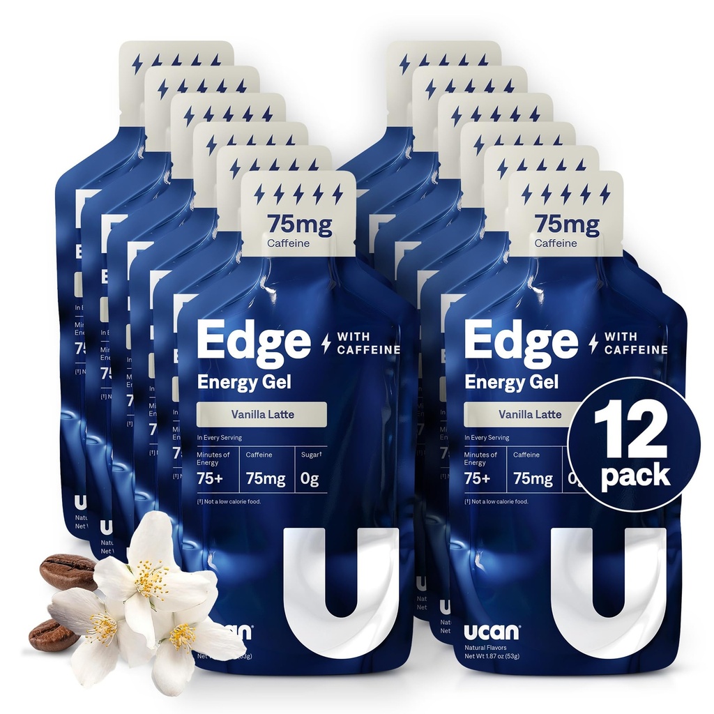 UCAN Edge Energy Gel Shots, Vanilla Latte + Caffeine (12, 2 Ounce Packets) 실행, 훈련, 운동, 피트니스, 사이클링, 크로스핏 | 슈가프리, Vegan, & Keto Friendly Energy