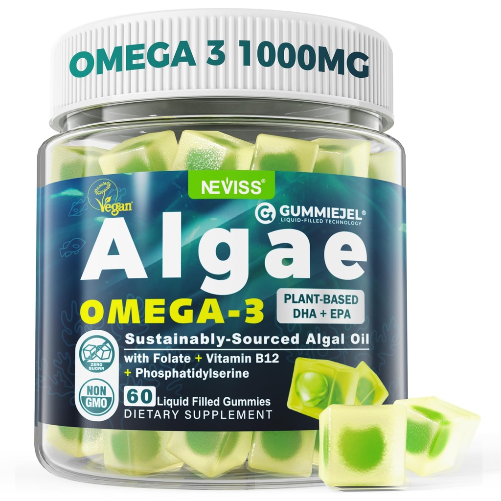 성인을 위한 Vegan Omega-3 Gummies, 조류 기름에서 물고기 기름 대안, 식물 근거한 DHA 460mg & EPA 230mg 메틸 Folate, 비타민 B12, Phosphatidylserine, 물고기 맛 없음, Vegan, 설탕 자유로운, 60 Cts 플러스