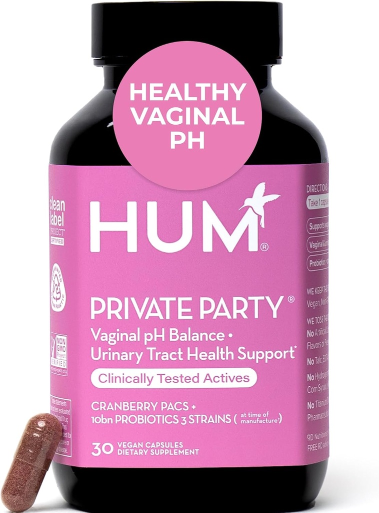 HUM 여성을위한 개인 파티 질 프로바이오틱스, pH 밸런스 및 Urinary Tract Support Cranberry & Lactobacillus Blend, 여성 건강 크랜베리 알약, 30 캡슐