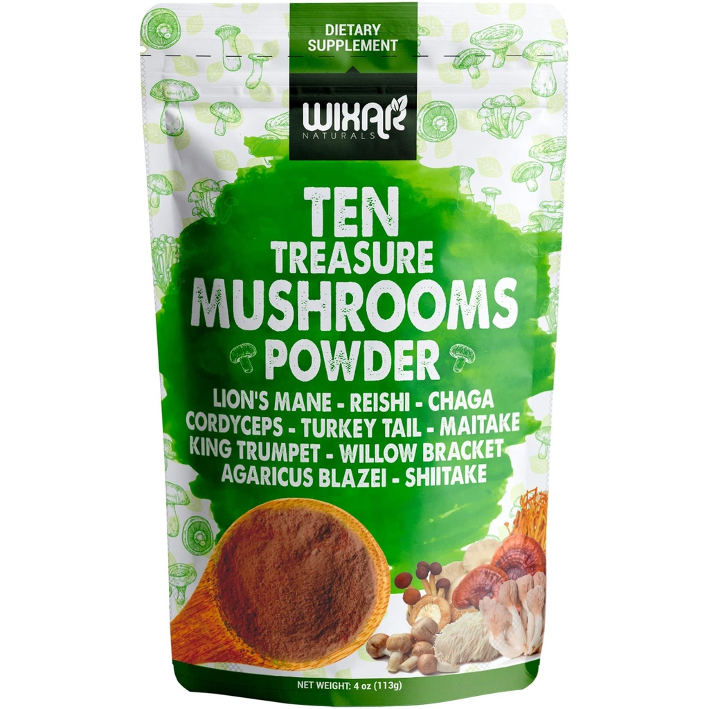 Wixar 버섯 분말 - 커피 및 스무디를위한 Ten Treasure Mushroom 추출물 보충 혼합 - 사자 Mane, 터키 꼬리, Reishi, Chaga, Shiitake, Cordyceps, Complex - 4oz 버섯 보충