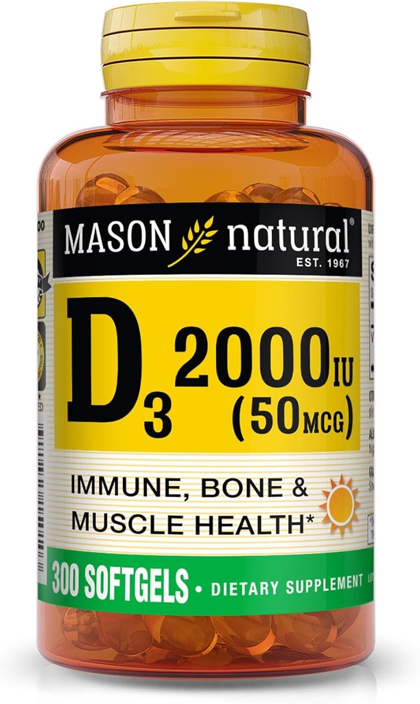 MASON NATURAL 비타민 D3 2,000 IU 매우 힘, 지원 뼈 조밀도, 힘 & 면역력, 300 Softgels