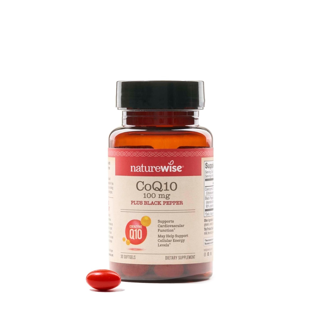 NatureWise CoQ10 100mg + Black Pepper Softgels - 높은 흡수 Coenzyme Q10 + Black Pepper - 심장 건강 + 세포 에너지에 대한 산화 방지제 - Vegan, Non-GMO, 글루텐 - 무료 30 카운트 [30 일 공급]