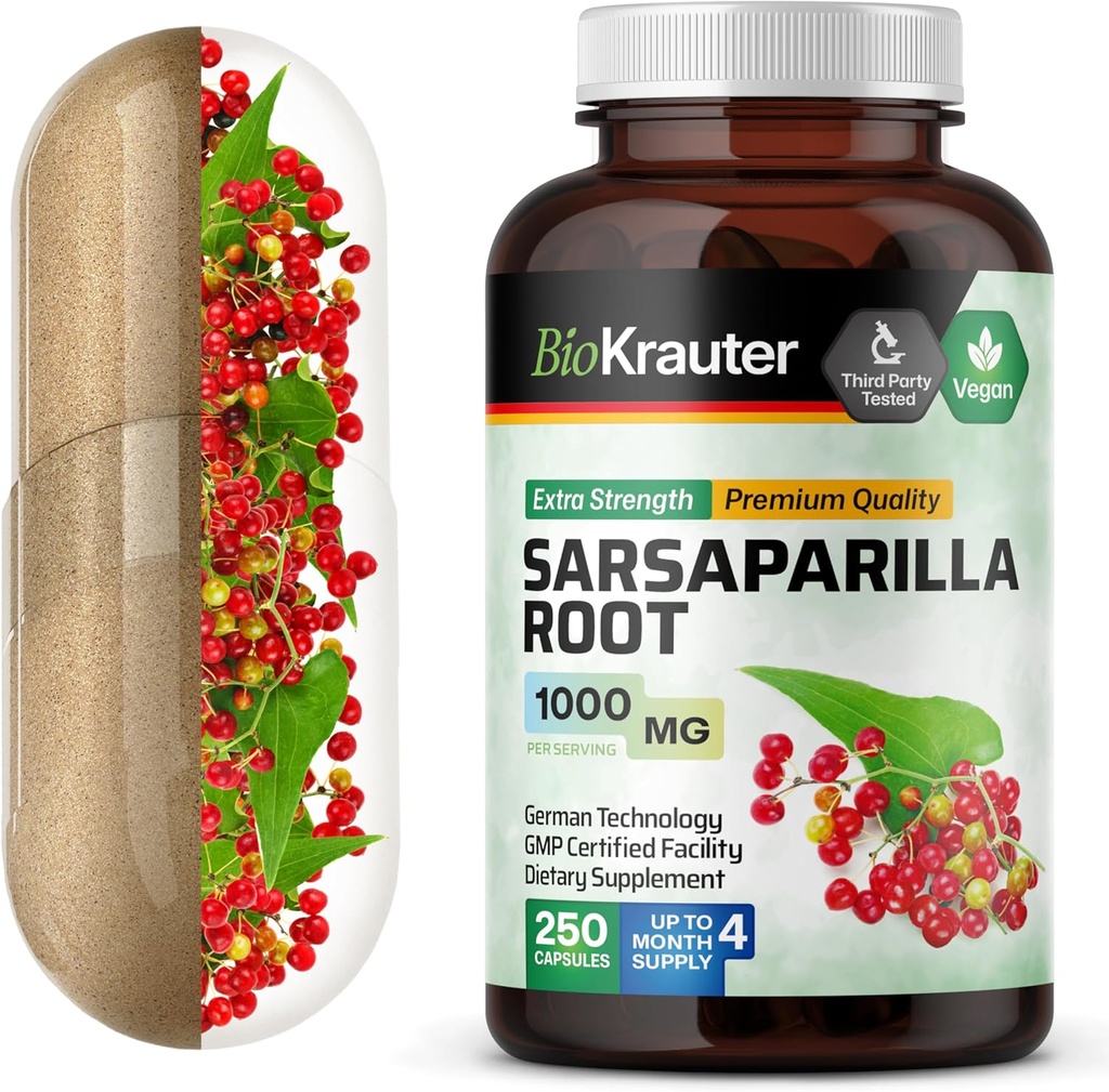 BIO KRAUTER Sarsaparilla 뿌리 캡슐 - 1000 mg 힘 - 250 Vegan Sarsaparilla 추출물 모자 - 충전물 없음