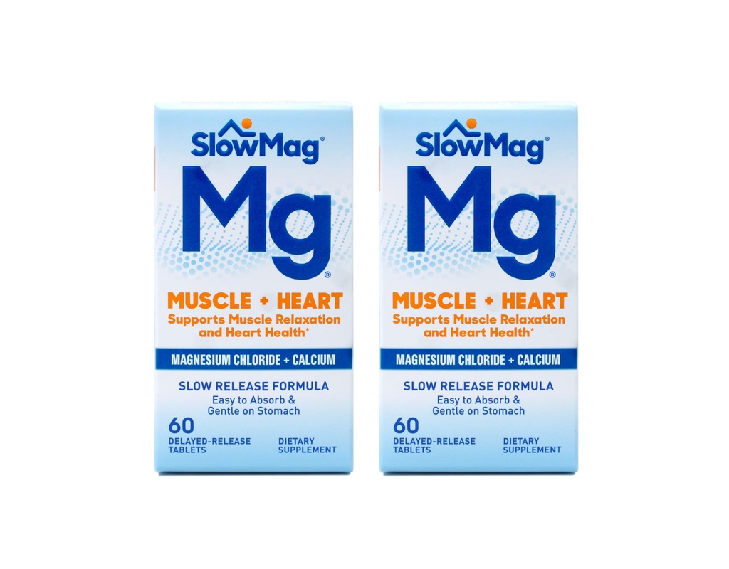 SlowMag MG 근육 + 심장 마그네슘 염화 칼슘 정제 60 개 (팩 2)