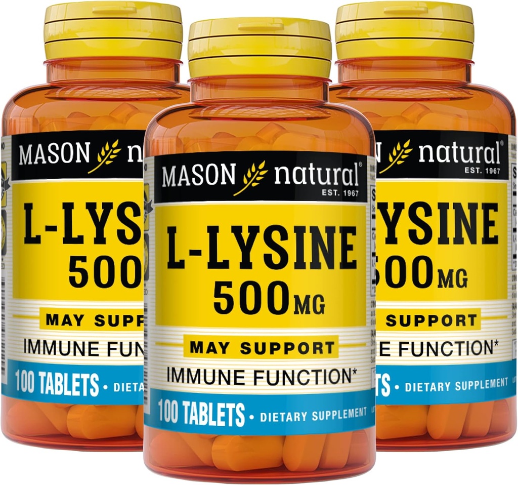 MASON NATURAL L-Lysine 칼슘 500 mg - 향상된 면역 기능, 향상된 영양 흡수, 에센셜 아미노산, 100 정제 (포장 3)