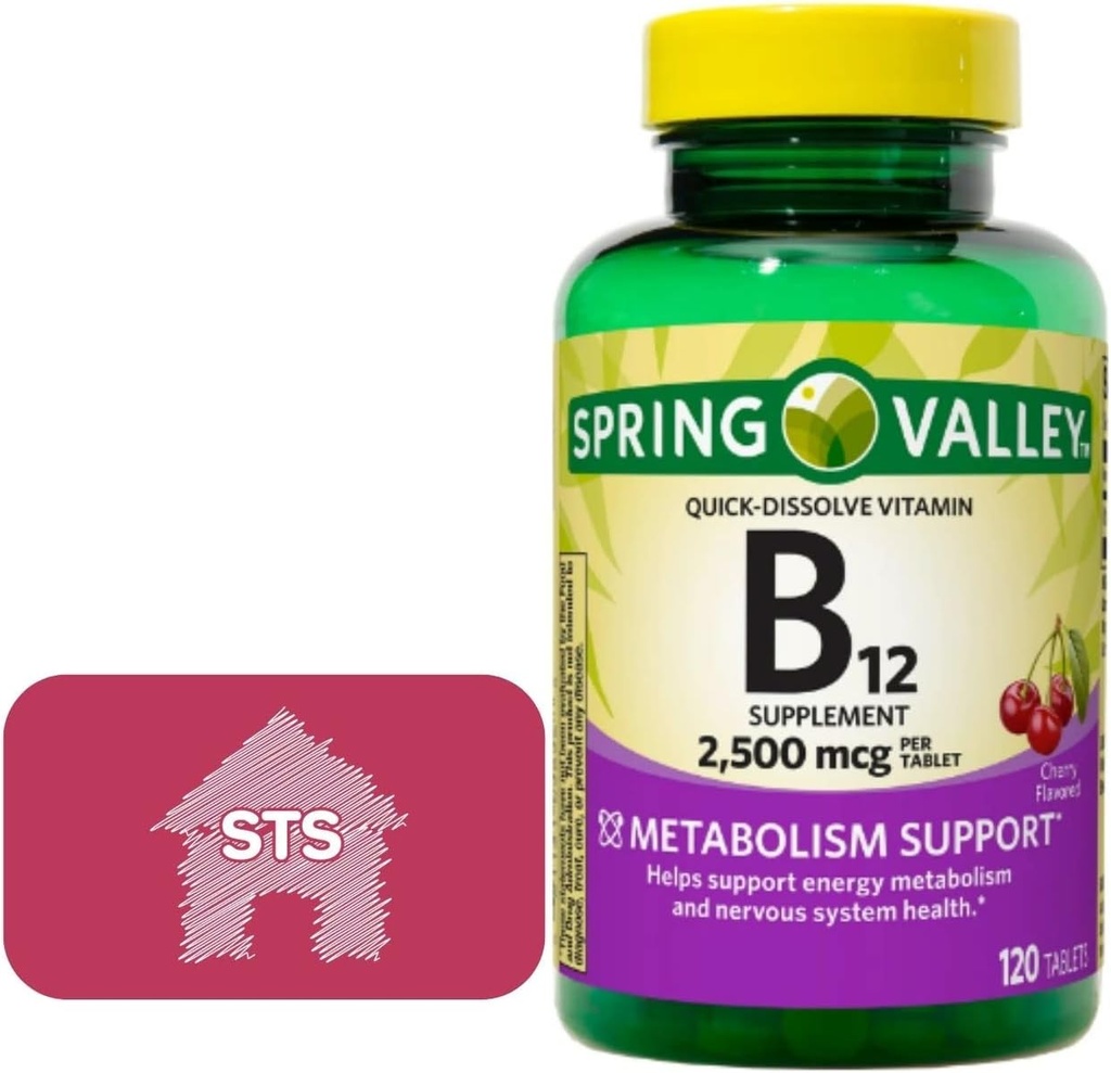 스프링 밸리 - 비타민 B12 빠른 용해 정제, 2,500 mcg, 체리 맛, 120 카운트 + STS 스티커.