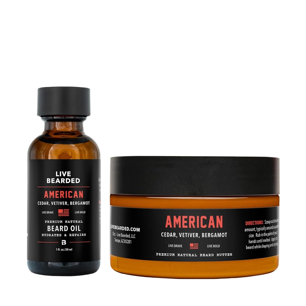 라이브 Bearded Beard Oil and Butter Grooming Kit - 미국에서 만든 - Shea, Argan, Jojoba - 성장 지원이있는 모든 자연 성분 | 미국 냄새 - Cedar, Vetiver, Bergamot