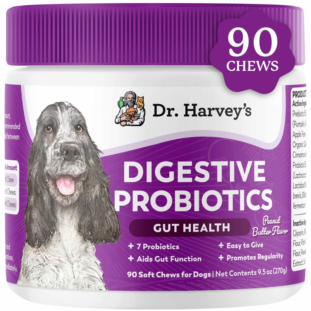 Dr. Harvey의 소화 Probiotic Soft Chews for Dogs, Gut Health, Diarrhea 및 Bowel Support, 땅콩 버터 풍미 (90 Chews)