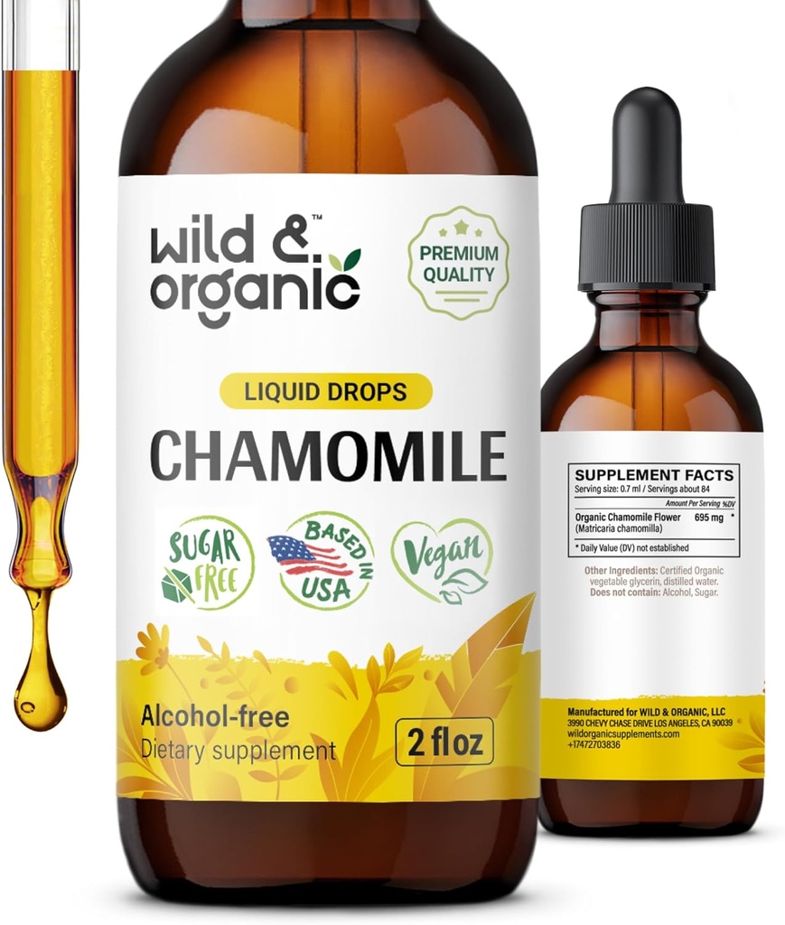 야생 & 유기 Chamomile Tincture - Relaxing & Calming Chamomile Supplement - 액체 꽃 추출물 드롭 - Vegan, Sugar & Alcohol-Free - 2 fl oz
