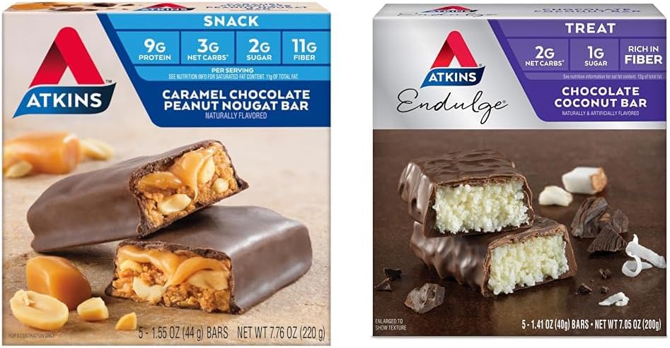 Atkins Caramel 초콜릿 땅콩 Nougat 스낵 바, 5 카운트 및 초콜릿 코코넛 바, 5 카운트 번들