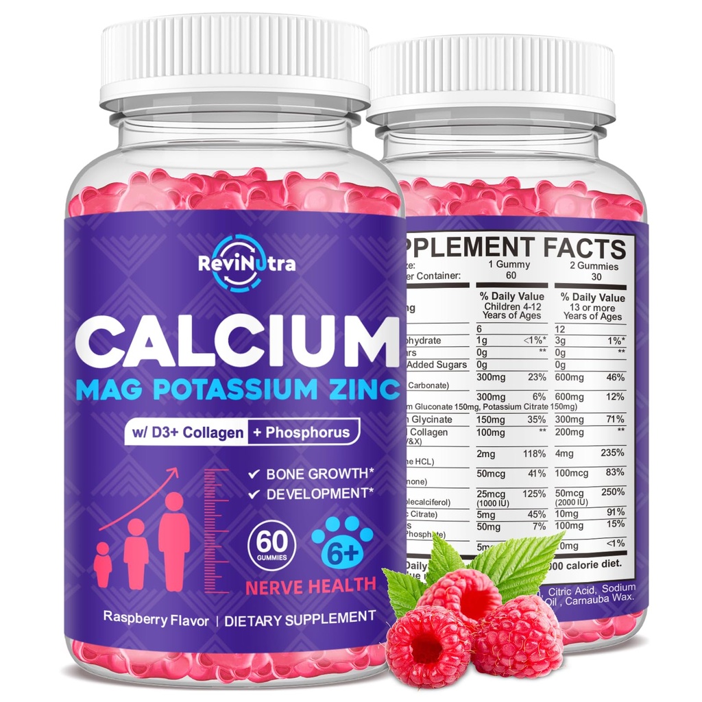 아이 & 성인을 위한 칼슘 칼륨 마그네슘 Gummies, 가수분해한 교원질과 더불어, 아연, 인, 잠을 위한 Multivitamin, 뼈 힘, 조밀도 지원, 설탕 자유로운, Raspberry 60 Gummies