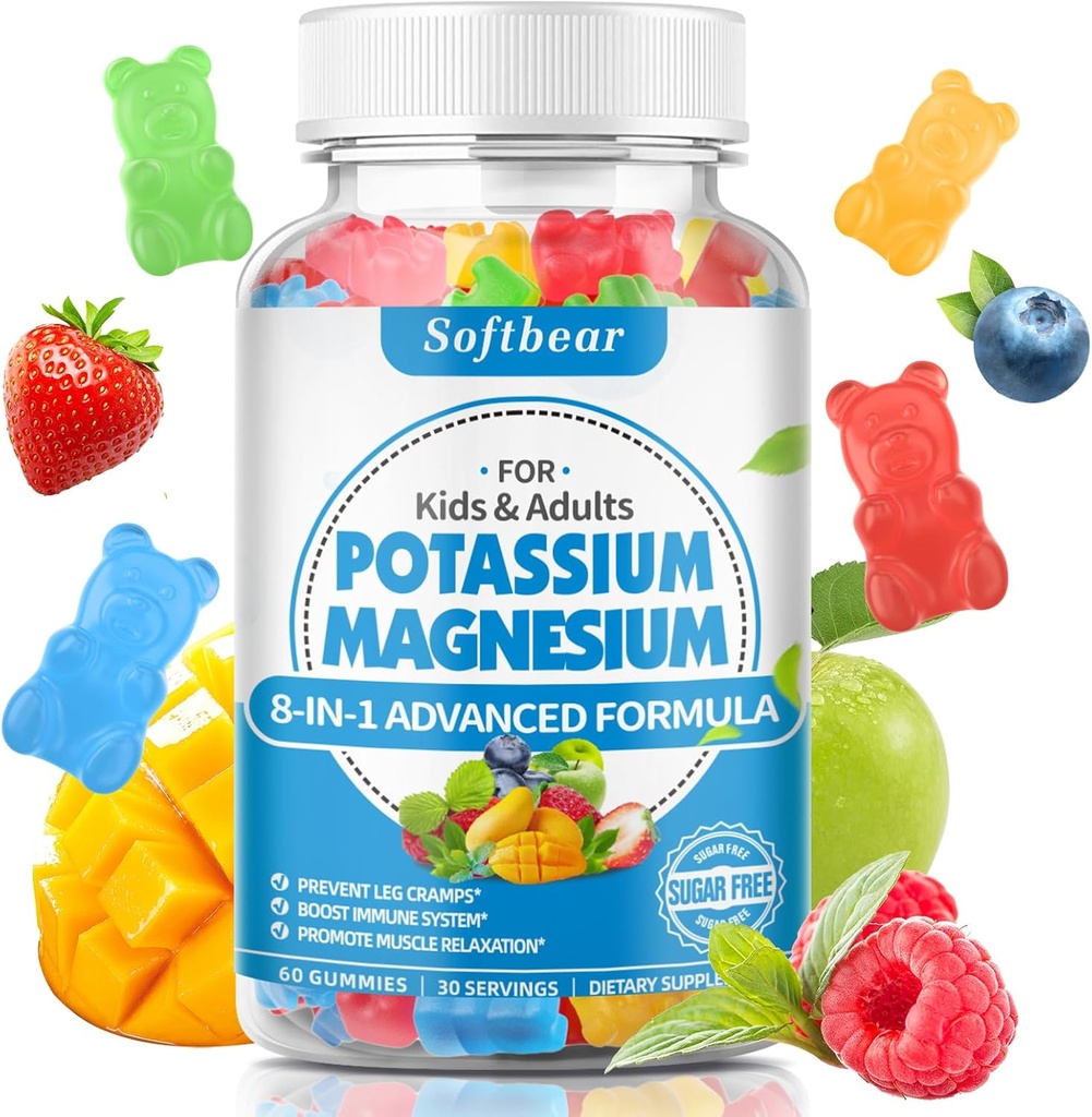 성인을 위한 softbear 칼륨 Gummies, 다리 크림 & 근육 건강 설탕 자유로운 Vegan 혼합 과일 풍미 60 Gummies를 위한 비타민 B6 CoQ10를 가진 높은 흡수 칼륨 마그네슘 마그네슘 보충교재