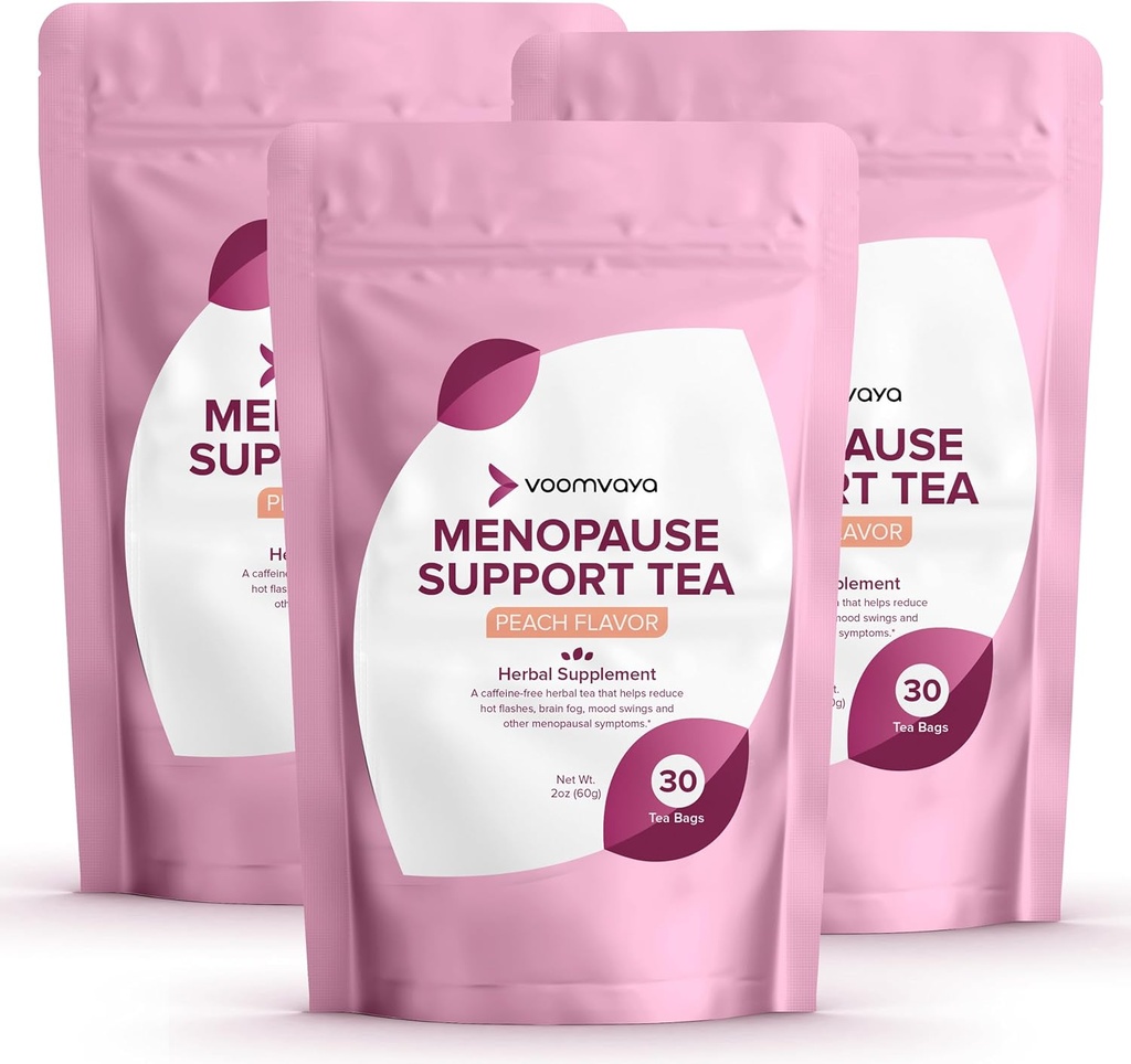 VoomVaya는 Menopause 지원 차 3 팩 뭉치에 20%를 저장합니다 - 여성 w/Red Clover & 검정 Cohosh를 위한 자연적인 Menopause 기복 - 밤 땀 & 뜨거운 섬광 기복 - 복숭아 풍미 - 90 Teabags