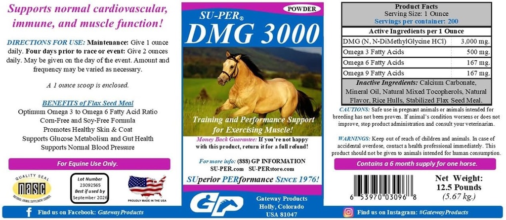 SU-PER DMG 3000 말 보충 - 훈련 & 성과 지원 분말 - 지원 정상적인 심장 혈관 면역 및 근육 기능 - 12.5 파운드, 6 달 공급