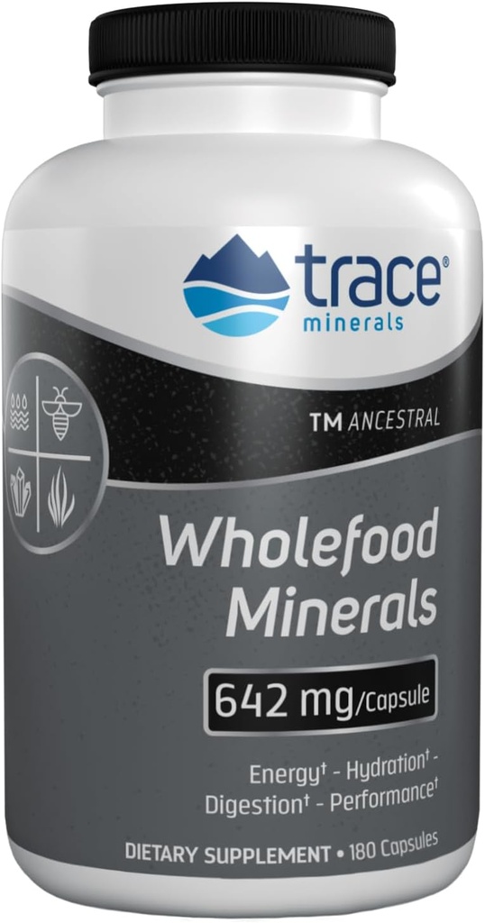 Trace Minerals Wholefood Minerals - 몸 & 두뇌 건강 지원 보충교재 - Wildflower Bee Pollen & Atlantic Kelp를 가진 음식 건강 보충교재 - 원조 Nerve 기능 & 소화 건강 - 180의 캡슐