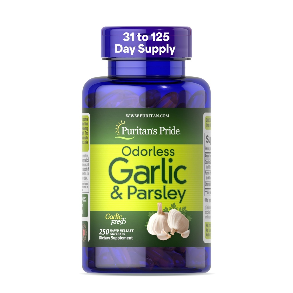 Puritan의 Pride Preimum 무취 마늘 5 mg (500 mg 상당) & Parsley, 심장 건강, 순환 및 혈액 흐름 지원을위한 전통적인 다이어트 보충, 250 급속한 릴리스 Softgels