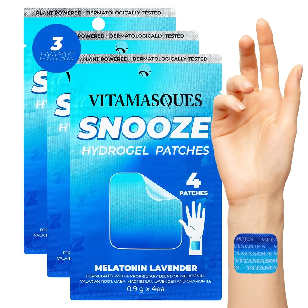 성인을위한 Vitamasques 수면 패치, SnoozeMe Wellness Hydrogel Patch (3-Pack) - Lavender, Melatonin, & Valerian Root - Cruelty-Free, 한국어 피부 관리 수면 패치