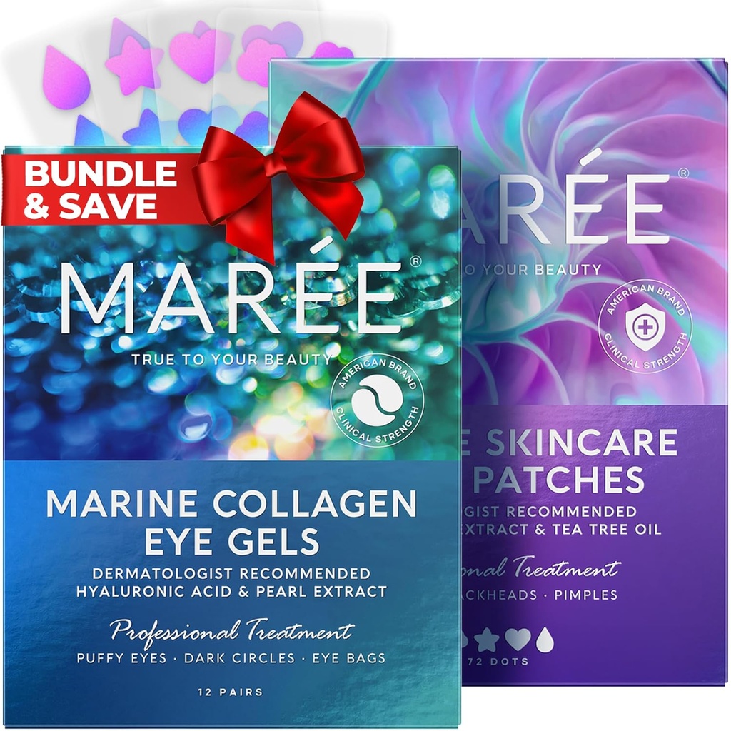 MAREE Eye Gels & Acne Сlearing 장치 번들 - Puffy Eyes 및 Dark Circles, Hydrocolloid Acne Therapy Device의 눈 젤 아래 - Marine Collagen & Hyaluronic Acid, Green Algae Extract & Tea Tree Oil