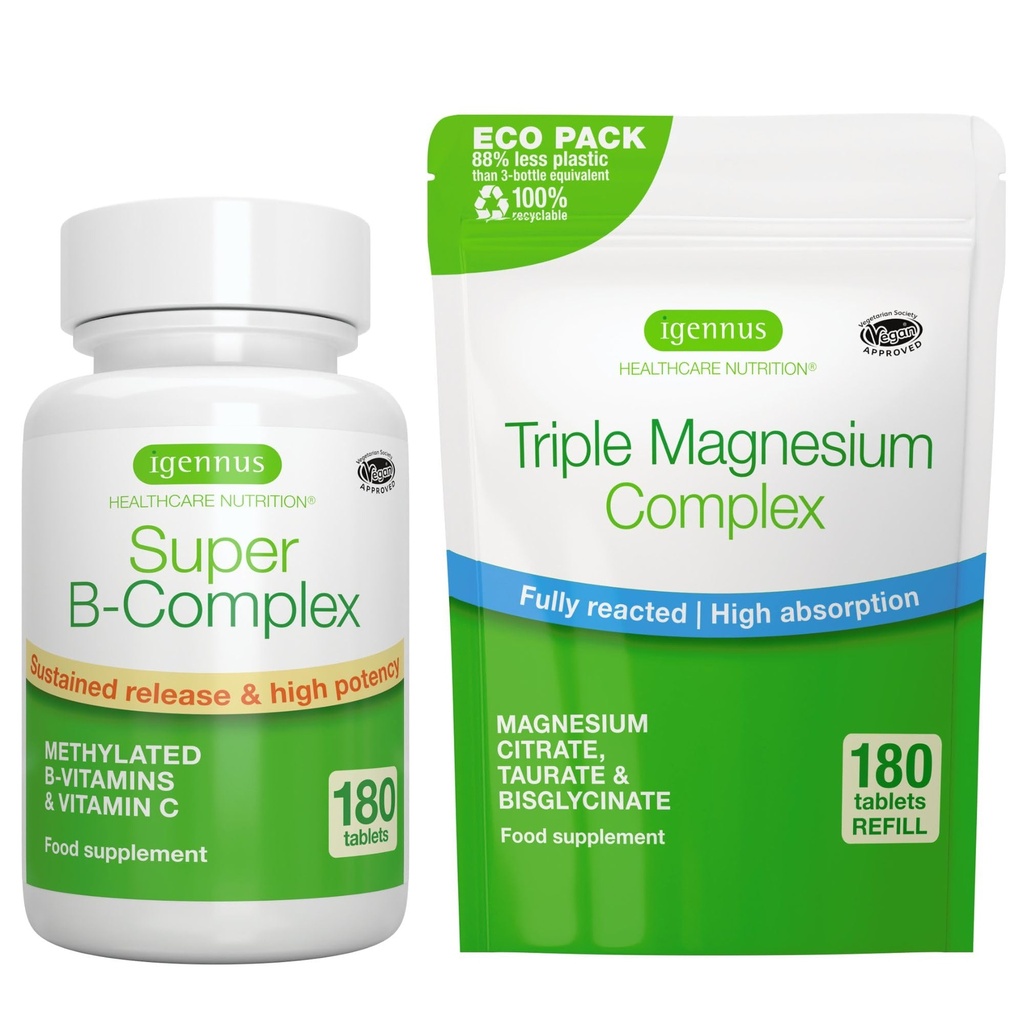 Super B-Complex 180 Tablets + Triple Magnesium Complex 180 Tablets Vegan Bundle, Methylated Sustained Release B Complex + High Absorption Chelated Magnesium Glycinate, Taurate & Citrate, Igennus의