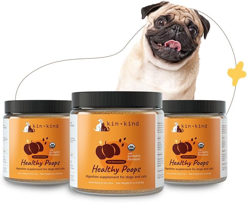 Dogs&Cats를 위한 kin+kind 유기 섬유 - 건강한 퍼프를 위한 호박 부스트 - 소화 건강 - Flax씨, Ginger, Turmeric 및 코코넛 - 미국에서 만드는 - 뭉치 (3 x 8개 oz)