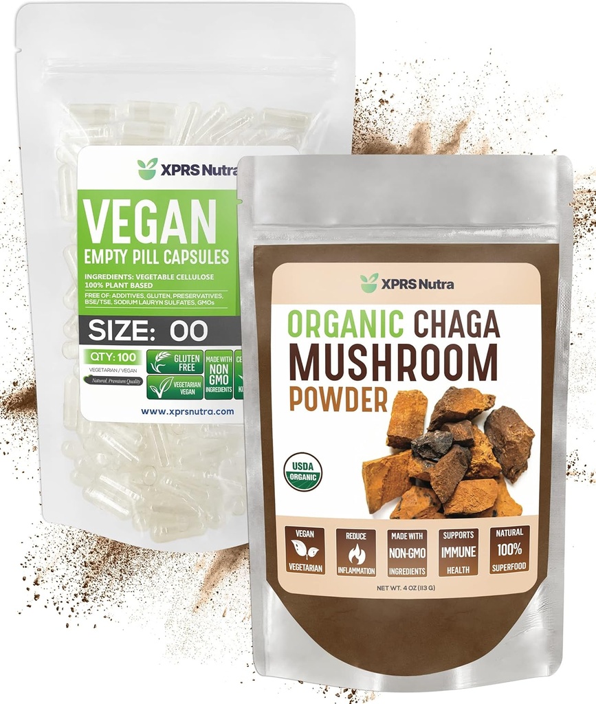 XPRS Nutra Organic Chaga Powder 4 Ounce with Size 00 Pre-Separated 빈 캡슐 (100 개) 번들