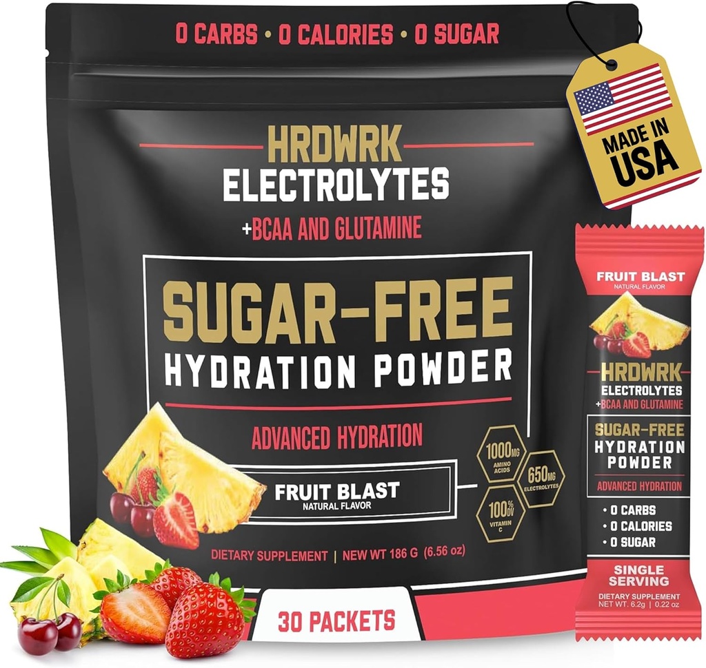 HRDWRK 마그네슘, 칼륨 나트륨, Keto Hydration를 가진 전해질 분말 소포 - Glutamine를 가진 BCAA Electrolyte 분말 소포, 30 Electrolytes 분말 소포 설탕 자유로운 (Fruit 돌풍)