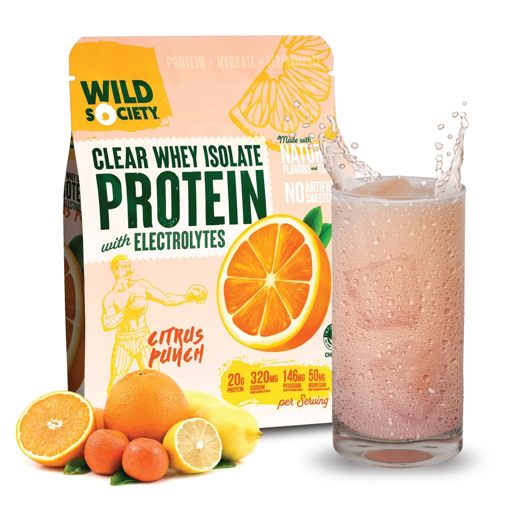 WILD SOCIETY - 명확한 Whey Protein + Electrolytes - Whey Protein Isolate Powder - 20g Protein, 0 Sugar 추가, GMO-Free, 천연 향 및 색상 - 감귤  펀치, 16 oz