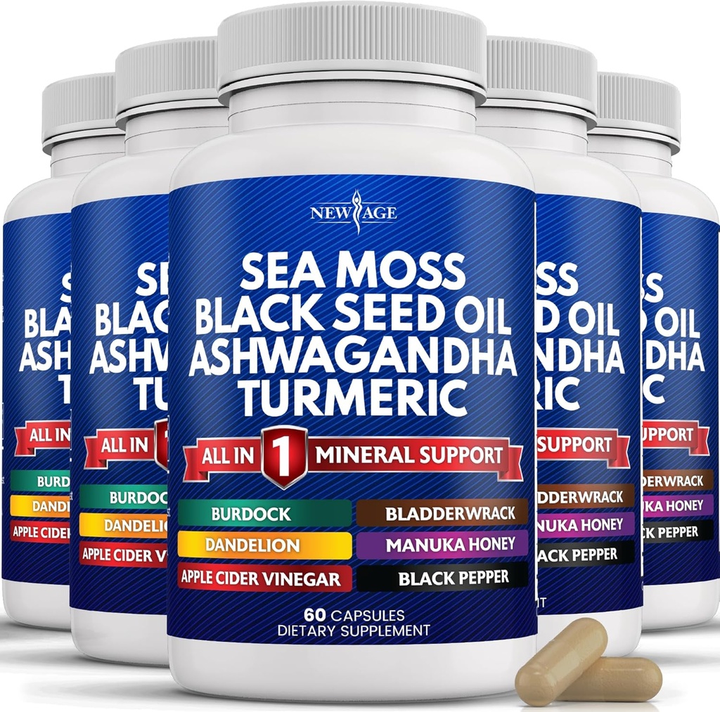 NEW AGE Sea Moss Black Seed Oil Ashwagandha Turmeric Bladderwrack Burdock - Manuka, 꿀 다 델리온, ACV Black Pepper Gluten 무료