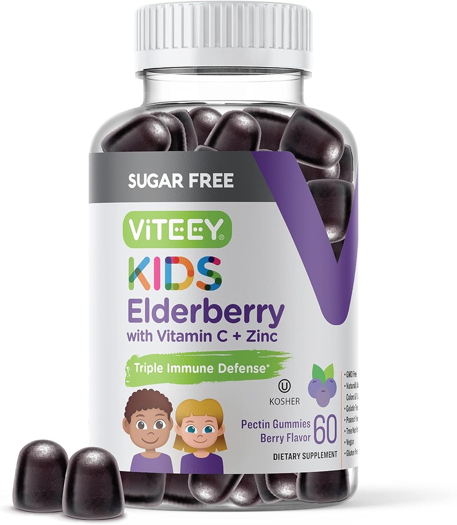 Viteey Sambucus Elderberry Gummies for Kids - Sugar Free - 비타민 C 및 아연, [3-1 면역 부스터] Vegan, 젤라틴 무료, 글루텐 무료 - 맛있는 체리 맛