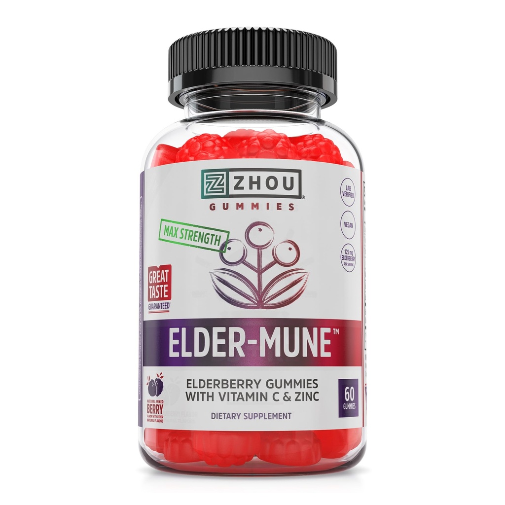 Zhou Elder-Mune Elderberry Gummies - Elderberry 비타민 C 및 아연, 여성 및 남성을위한 매일 면역 지원 Supplemenet, 성인 및 어린이 4 및 60 Gummies를위한 Chewable Natural Black Elderberry