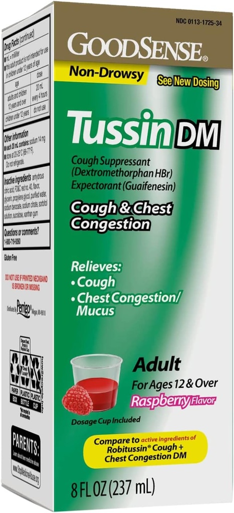 GoodSense Tusssin Cough Syrup DM, 라즈베리 맛, 기침과 가슴 혼잡을위한 효과적인 구호, 얇은 Mucus, 8 Fl Oz