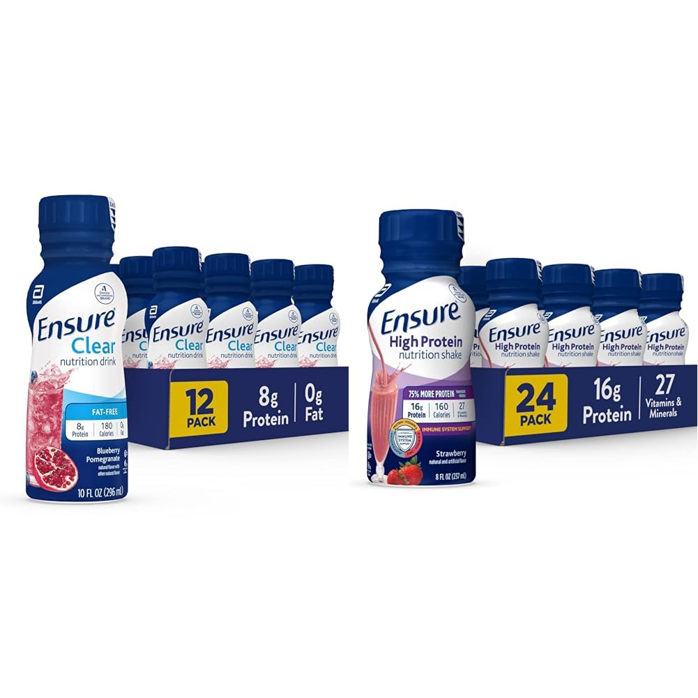 액체 명확한 영양 음료, 0g 지방, 단백질 8g, 블루 베리 석류, 10 Fl Oz (12 팩), 병, 글루텐 무료 및 높은 단백질 딸기 영양 Shake, 24 팩을 보장