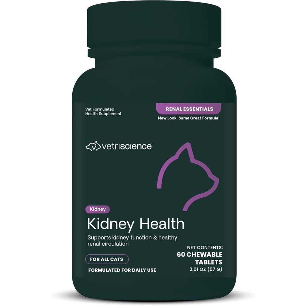 VetriScience Kidney Health Chewable Tablets, Renal Essentials Supplement for Cats, Kidney Care and Support with Mushroom, Astragalus Root, Nettle Seed and Herbs, 치킨 및 물고기, 60 카운트