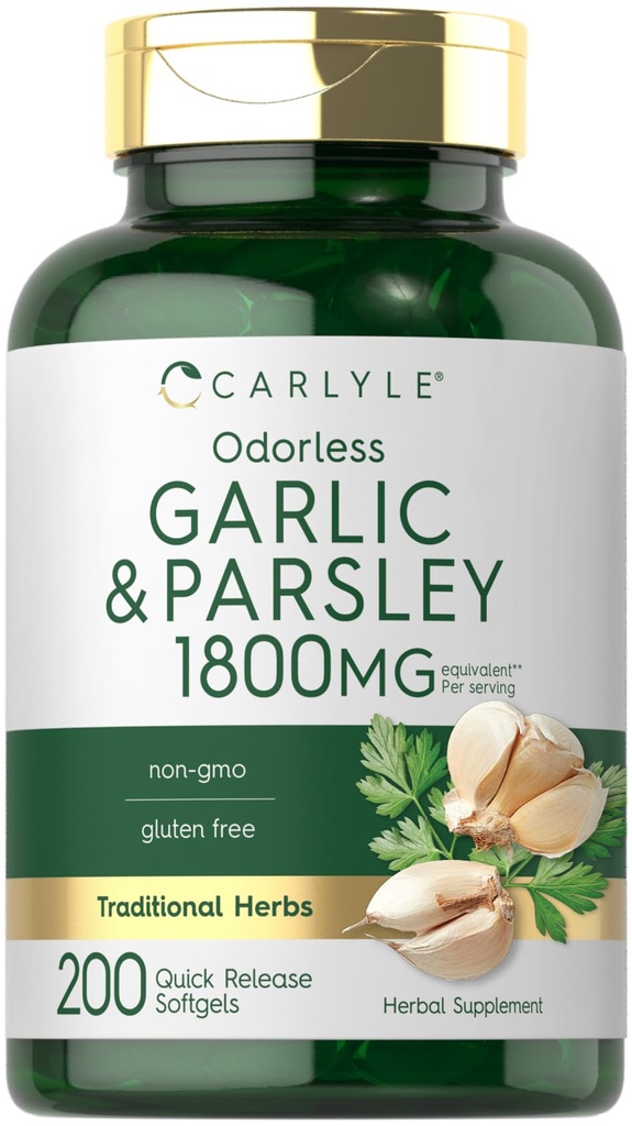 Carlyle Odorless Garlic & Parsley 1800mg | 200 Softgels | 비 GMO, 글루텐 무료 보충