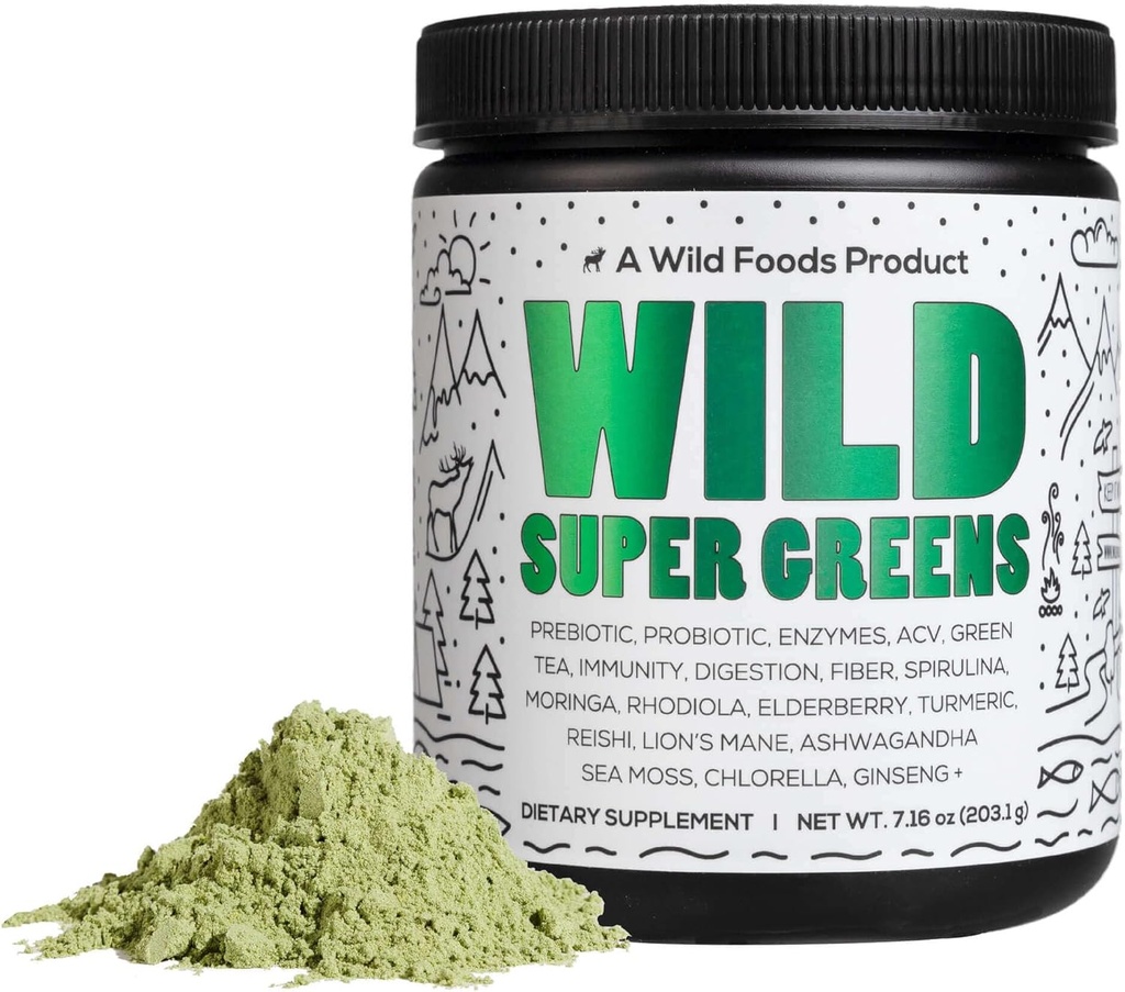 Wild Foods Raw Super Greens Powder Daily Juice Drink with Probiotics and Digestive Enzyme Blend - 전체 식품 소스, 46 식물 기반 영양소, 비 GMO, Spirulina, Chlorella, Wheatgrass (30 인분)