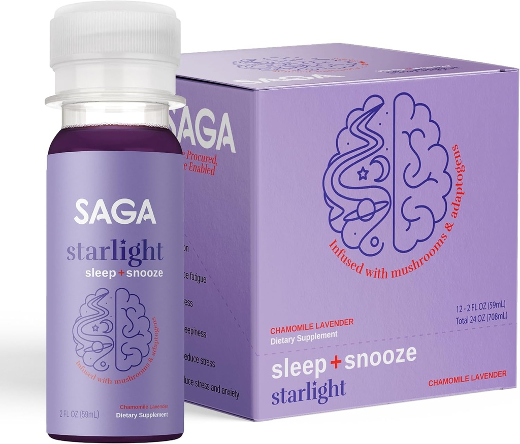 SAGA Starlight Organic Sleep Shot - Melatonin, Reishi, Valerian Root, Ashwagandha, Chamomile - Sugar-Free, Vegan, Zero Calories, Plant 기반 수면 지원, 여행 크기 (2 Oz)