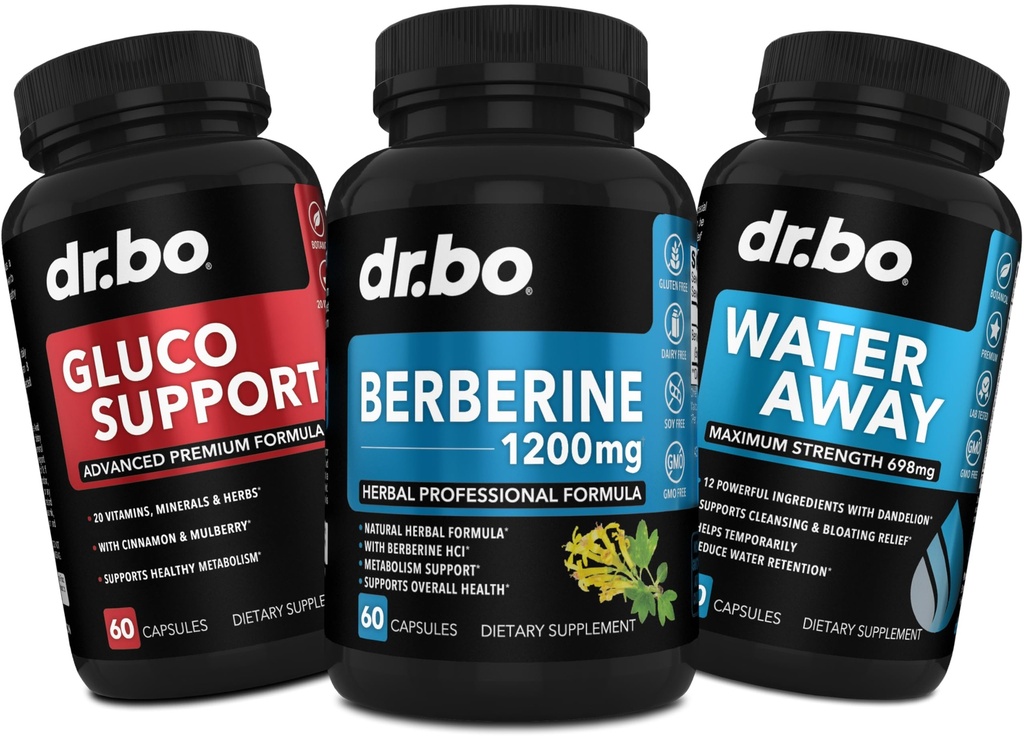 DR. BO Berberine 보충교재 대사 지원 & 물 알약 - 건강한 신진 대사 지원을 위한 1200mg Berberine HCL 보충교재 - 캡슐 & 물 알약 Diuretics Retention 당 우수한 HCL 600mg
