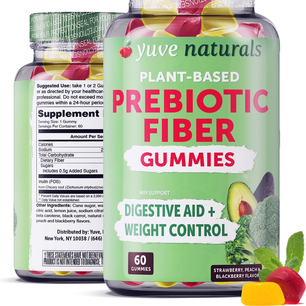 Yuve Prebiotic 섬유 Gummies - 맛있게 - 3g 수용성 섬유 보충교재 - 지원 소화 건강 & 일정 - 성인 & 아이를 위한 Vegan & 글루텐 자유로운 섬유 Gummies - 비 GMO & 낮은 설탕 - 60 조사