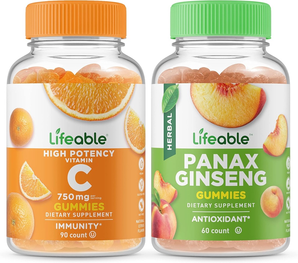 Lifeable Vitamin C 750mg + Panax Ginseng, Gummies 번들 - 훌륭한 타스팅, 비타민 보충, 글루텐 무료, GMO 무료, Chewable Gummy