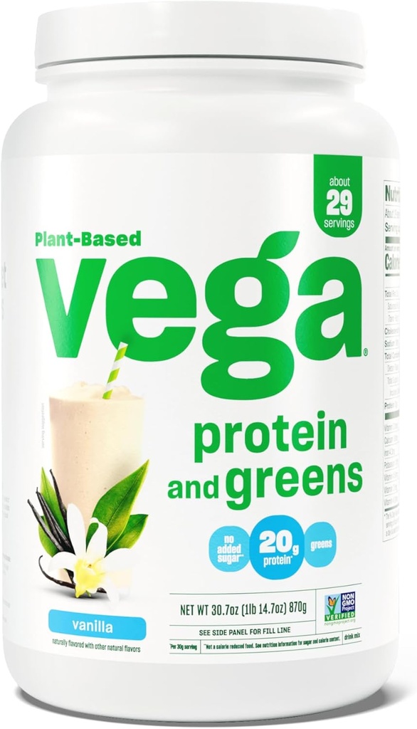 Vega 단백질과 녹색 단백질 분말, 바닐라 - 20g 식물 기초 단백질 플러스 채소, Vegan, 비 GMO, 여성과 남성을위한 완두 단백질, 1.9lbs