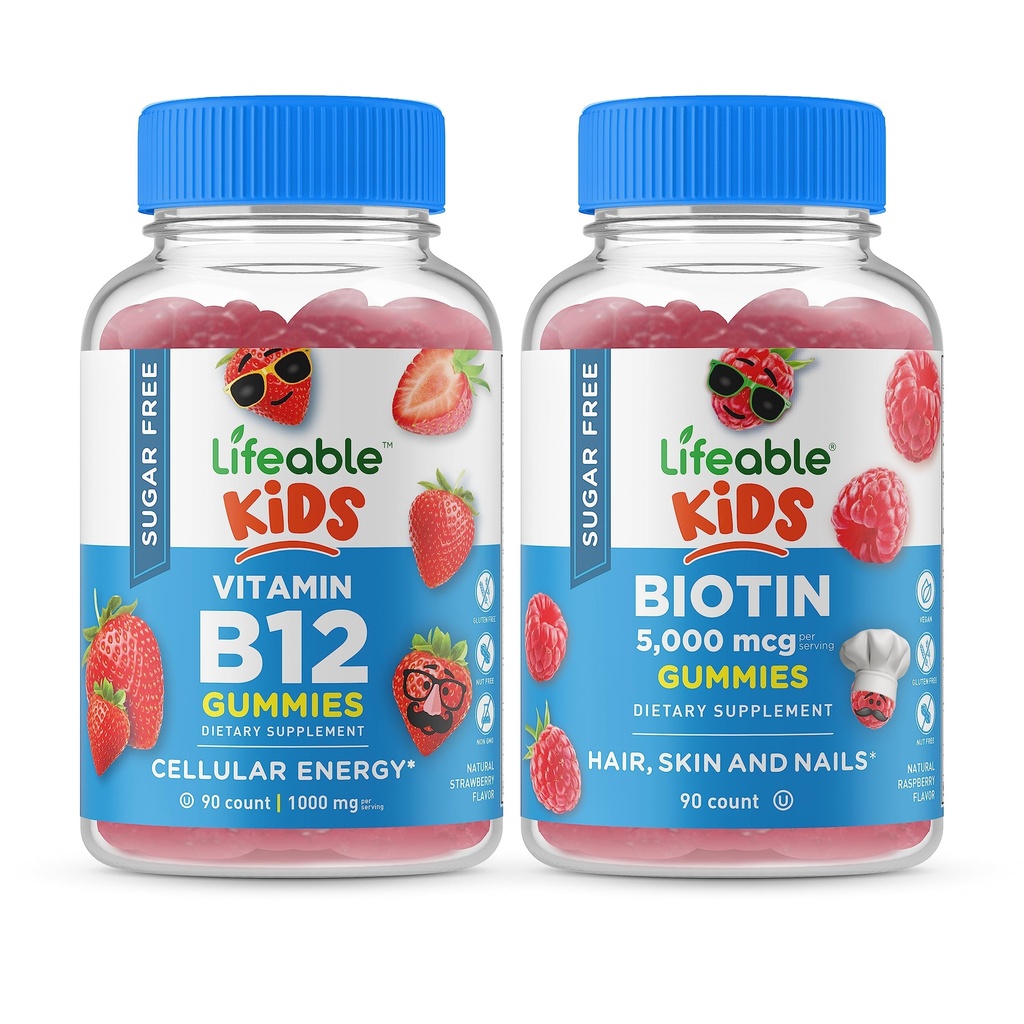 Lifeable Sugar Free Vitamin B12 Kids + Preciotic Fiber Kids, Gummies 번들 - 훌륭한 타스팅, 비타민 보충, 글루텐 무료, GMO 무료, Chewable Gummy
