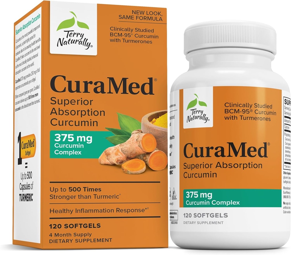 Terry Naturally CuraMed 375mg - 뇌 및 면역 건강 지원을위한 산화 방지제 보충 - Curcumin & Turmeric Essential Oil과 다이어트 보충 - 초본 Liver Support - 120 Softgels