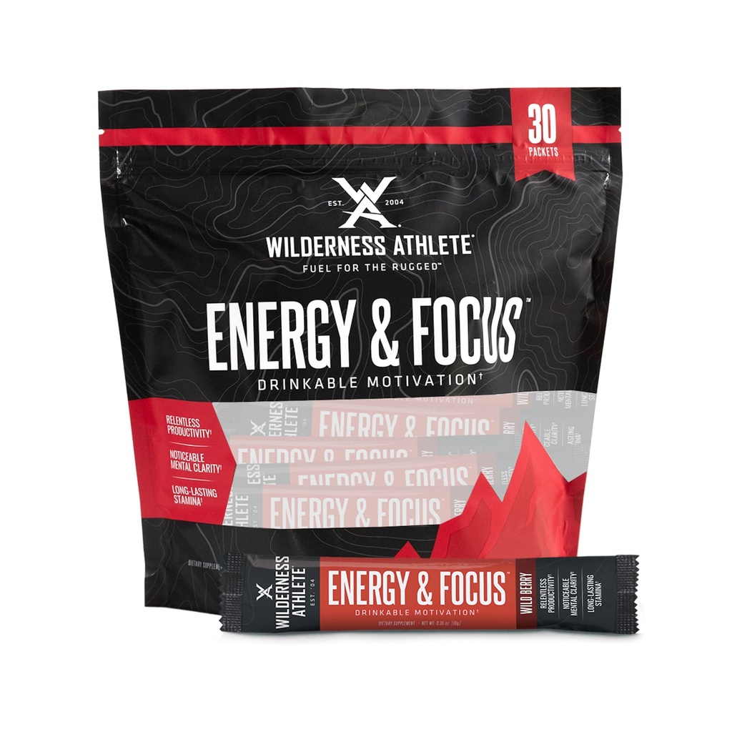 Wilderness Athlete - Energy & Focus | 여성용 에너지 부스터 & 남성용 에너지 음료 믹스 천연 카페인 - 저탄소, 제 설탕 에너지 음료 분말 - 30 서빙 에너지 음료 팩 (Wild Berry)