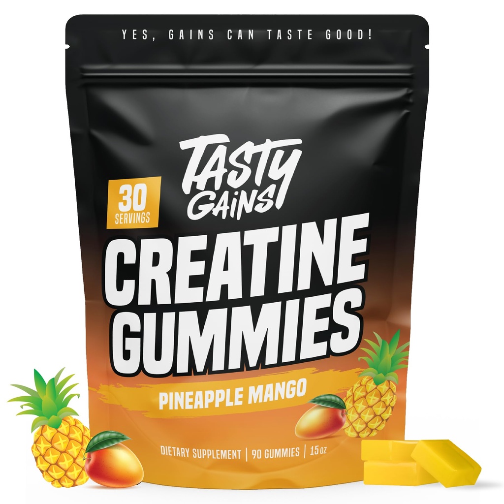 TASTY GAINS Creatine Gummies - Creatine Monohydrate의 90g - 운동 보충제 - 남성 및 여성을위한 근육 및 부스트 강도 구축 - 미국에서 만든 - 비 GMO - Vegan Friendly (대형, 파인애플 망고)