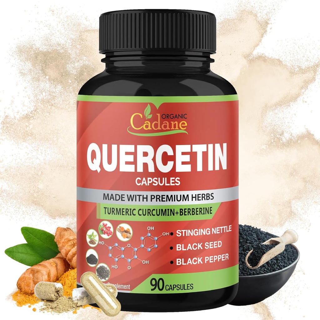 유기 Cadane Quercetin 추출물 캡슐, 90capsules, Quercetin, Turmeric Curcumin, Berberine, Nettle, 검정씨 분말, 까만 고추를 가진 3 달 공급.